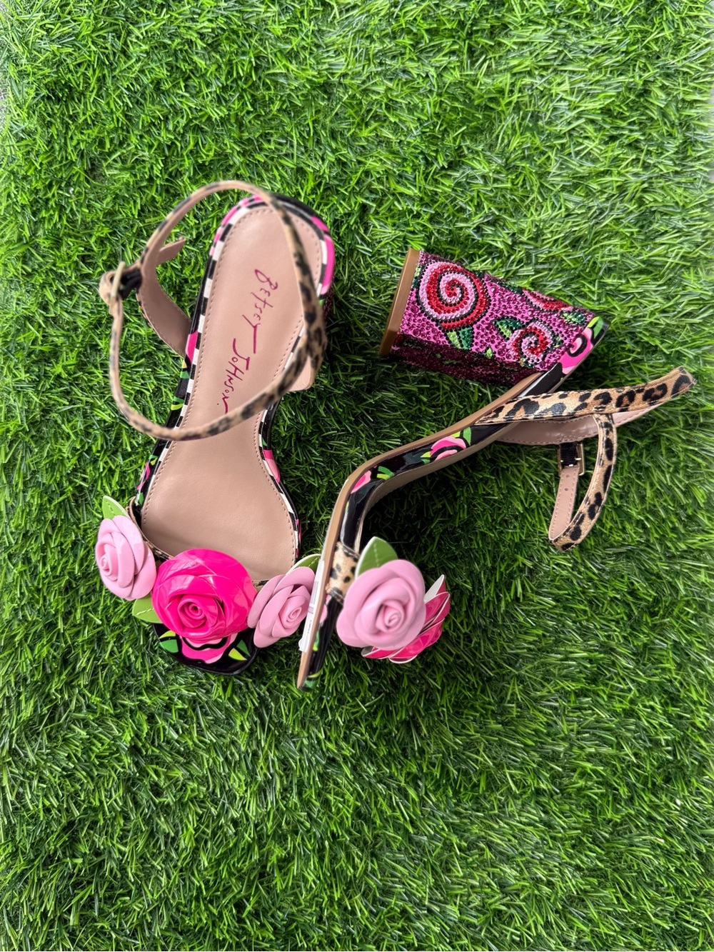 Betsey Johnson Pink & Hot Pink Floral Leopard-Trim Heels - Picture 3 of 9